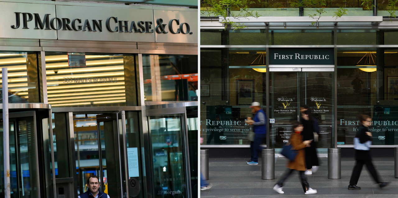 JP모건(왼쪽 사진)과 퍼스트리퍼블릭 은행 로고. (사진=EPA 연합뉴스 제공)